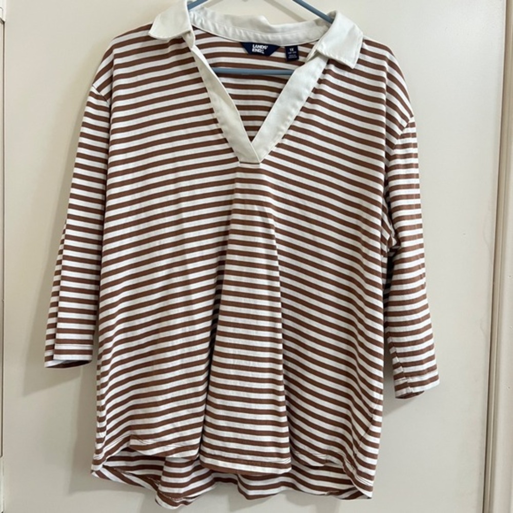 Lands‎ End Womens Striped Cotton Top 1X Brown White Collared Split Neck Casual